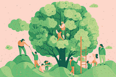 Vector illustration of people working on tree. Teamwork concept in flat style.の素材