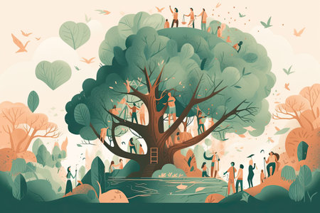 Vector illustration of a group of people in the forest. Nature concept.の素材