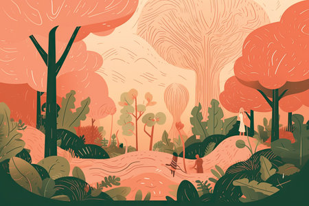 Autumn landscape with trees and bushes. Vector illustration in flat styleの素材