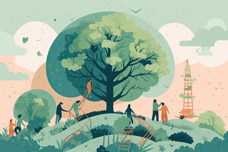 Landscape with people and trees. Vector illustration in flat style.の素材