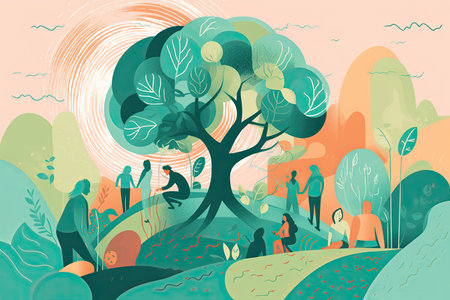 Vector illustration of people walking in the park. People and nature.の素材