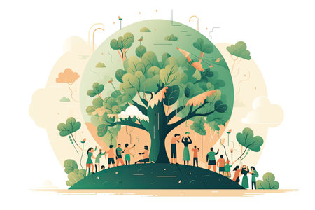 People gathering around big tree, vector illustration. World environment day concept.の素材