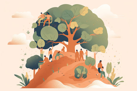 Vector illustration of people in the park. People walking in the forest.の素材