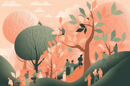 People walking in the autumn forest. Vector illustration in flat style.の素材