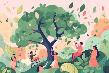 People in the park. Vector illustration in flat cartoon style. Girl and boy sitting under the tree.の素材