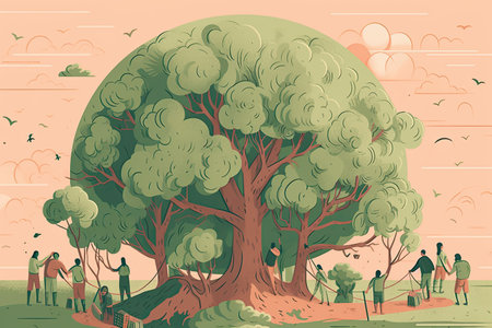 Illustration of people walking in the park with a big tree.の素材