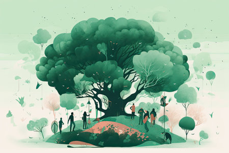 Crowd of people walking under big tree in the park. Vector illustration.の素材