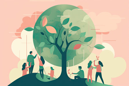 Group of people caring for a tree. Flat design vector illustration.の素材