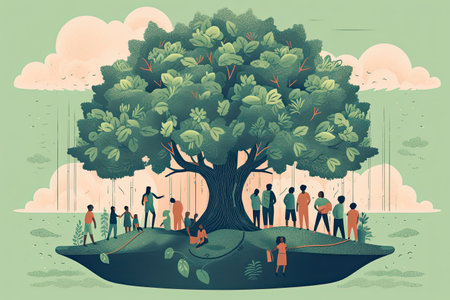 World Environment Day concept with people and big tree. Vector illustration.の素材