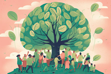 Group of young people standing under a big tree in the park. Vector illustration.の素材