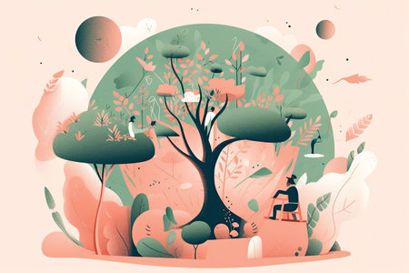 Vector illustration of a group of people in the park with a tree.の素材