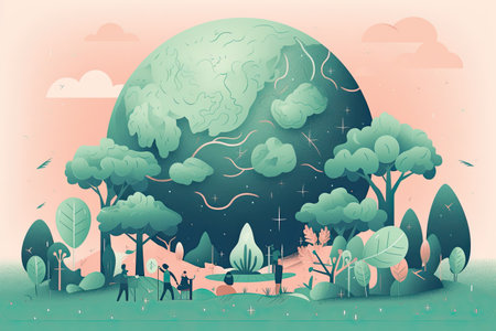 Landscape with planet and trees. Vector illustration in flat style.の素材