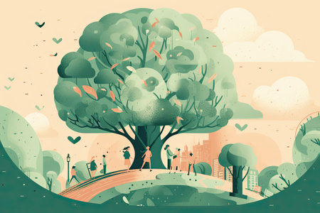 Vector illustration of people walking in the park. Spring season. Vector illustration.の素材