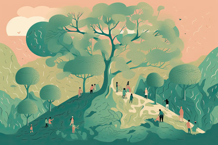illustration of people walking in the forest, vector illustration in flat styleの素材