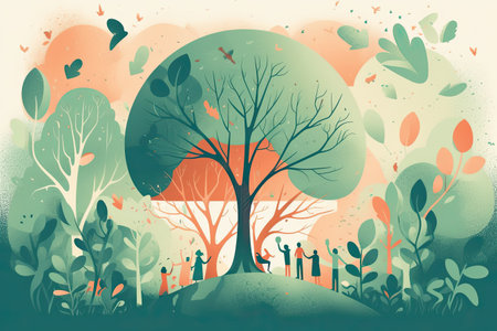 Vector illustration of a tree in the forest with people and butterflies.の素材