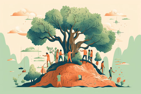 People in the park. Vector illustration of people walking on the hill.の素材