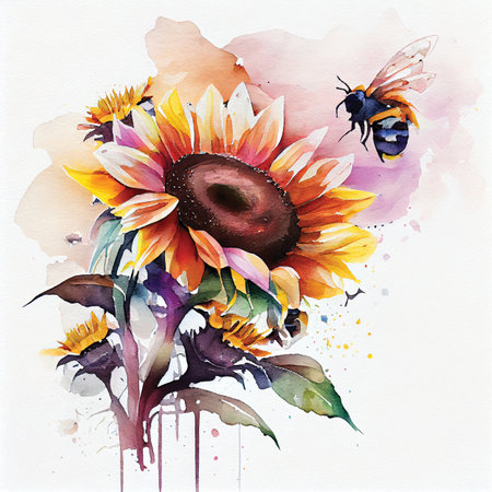 Watercolor sunflowers and bee. Hand drawn illustration on white background.の素材