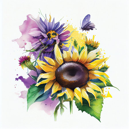 Watercolor sunflower bouquet with butterfly. Hand painted illustration.の素材