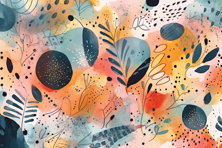 Abstract floral background with watercolor splashes and leaves. Hand-drawn illustration.の素材