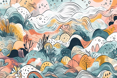 Seamless pattern with abstract hand drawn waves and trees. Vector illustration.の素材