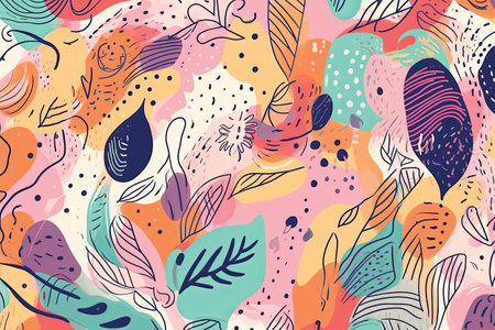 Abstract seamless pattern with tropical leaves and floral elements. Hand drawn vector illustration.の素材
