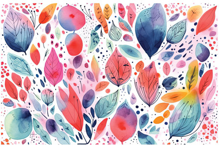 Seamless pattern with watercolor leaves and berries. Hand drawn vector illustration.の素材