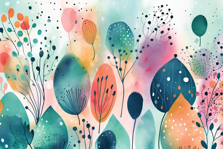 Seamless pattern with watercolor flowers and leaves. Hand drawn illustrationの素材