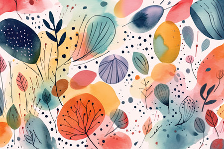 Seamless pattern with watercolor spots and leaves. Vector illustration.の素材