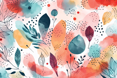 Abstract floral seamless pattern with watercolor spots and leaves. Hand drawn vector illustration.の素材