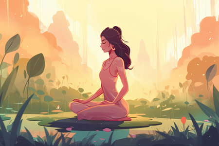 Woman meditating in the lotus position in the park. Vector illustration.の素材