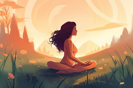 Woman meditating in lotus pose at sunset. Vector illustration.の素材