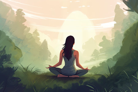 Woman meditating in lotus pose in the forest. Vector illustrationの素材