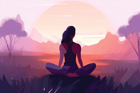 Illustration of a young woman practicing yoga at sunset, vector illustrationの素材