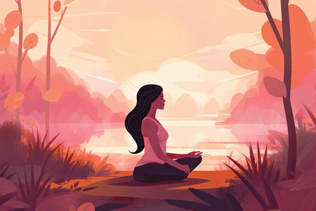 Beautiful woman practicing yoga in the park at sunset. Vector illustrationの素材