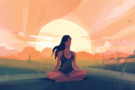 Woman meditating in lotus pose at sunset. Vector illustration.の素材