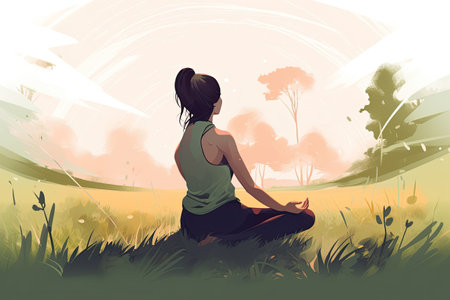 Young woman practicing yoga in the meadow at sunset. Vector illustration.の素材