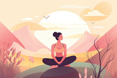 Yoga woman meditating in lotus pose on mountain background. Vector illustrationの素材