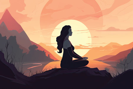 Silhouette of woman meditating in lotus pose on the top of mountain at sunrise vector illustrationの素材