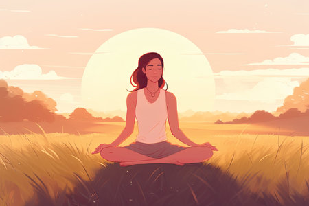 Young woman meditating in lotus position at sunset, vector illustrationの素材