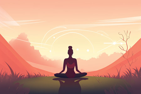 Silhouette of woman practicing yoga in lotus position on nature backgroundの素材