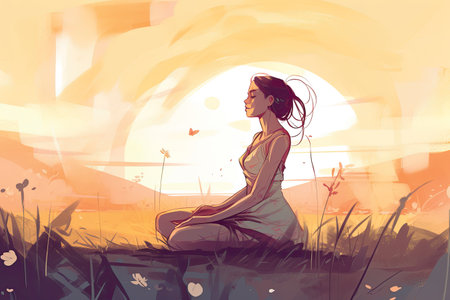Illustration of a beautiful woman sitting on the grass in the sunsetの素材
