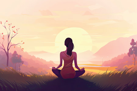 Silhouette of a woman meditating in a lotus position on the meadow at sunset. Vector illustrationの素材
