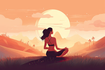Young woman practicing yoga in the mountains at sunset. Vector illustration.の素材