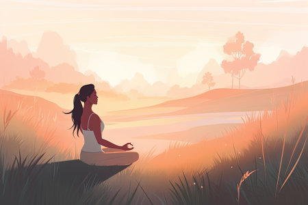 Woman meditating in the lotus position at sunset. Vector illustrationの素材