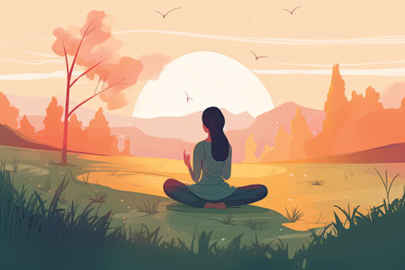 Woman meditating in lotus position in the forest at sunset. Vector illustrationの素材