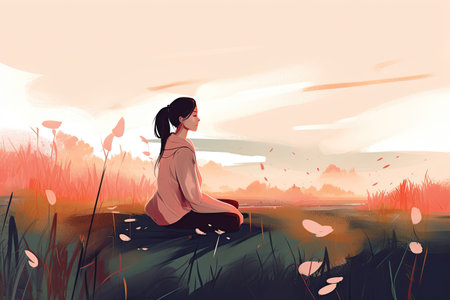 Beautiful girl sitting on the grass at sunset. Vector illustration.の素材