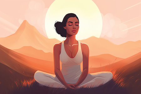 Beautiful woman meditating in lotus pose at sunset, vector illustrationの素材