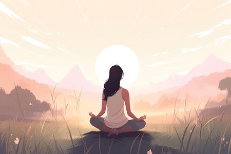 Vector illustration of a woman meditating in the meadow at sunsetの素材