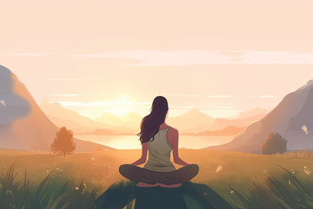 Woman meditating in lotus pose at sunset. Vector illustration.の素材