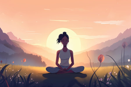 Girl practicing yoga in the meadow at sunset. Vector illustration.の素材